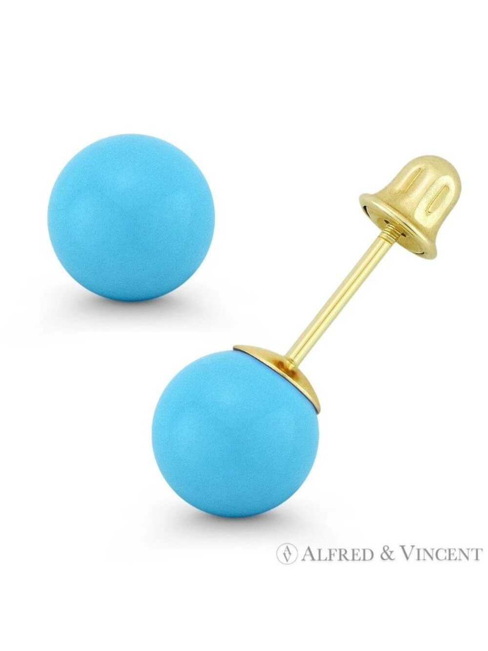 Blue Turquoise Ball Bell-Type Screwback Stud Earrings in 14k Yellow Gold